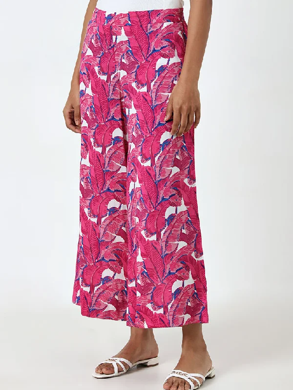 Utsa Pink Leaf Printed High-Rise Cotton Palazzos