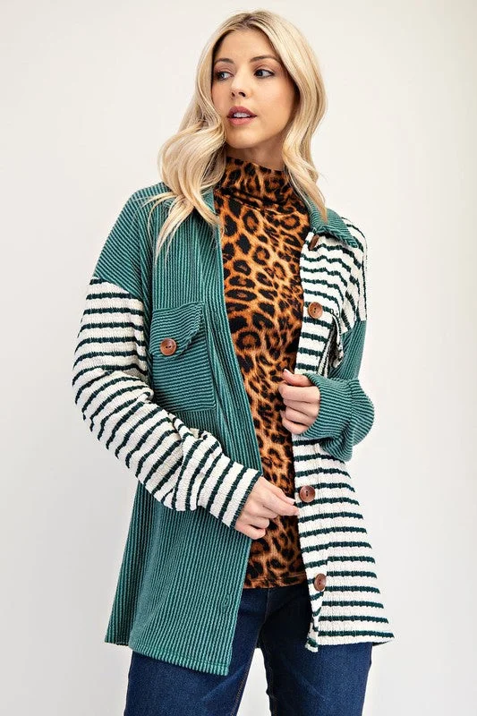 Comfortable And Casual Celeste Full Size Striped Button Up Dropped Shoulder Shacket