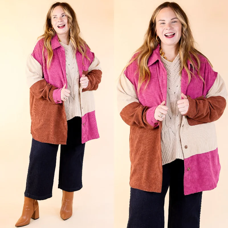 Relaxed Fit Wear Casual Cuddles Color Block Corduroy Shacket in Magenta Mix