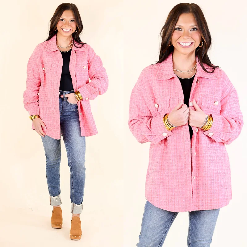 Elegant Design Brooklyn Buzz Pearl Button Up Tweed Shacket in Pink