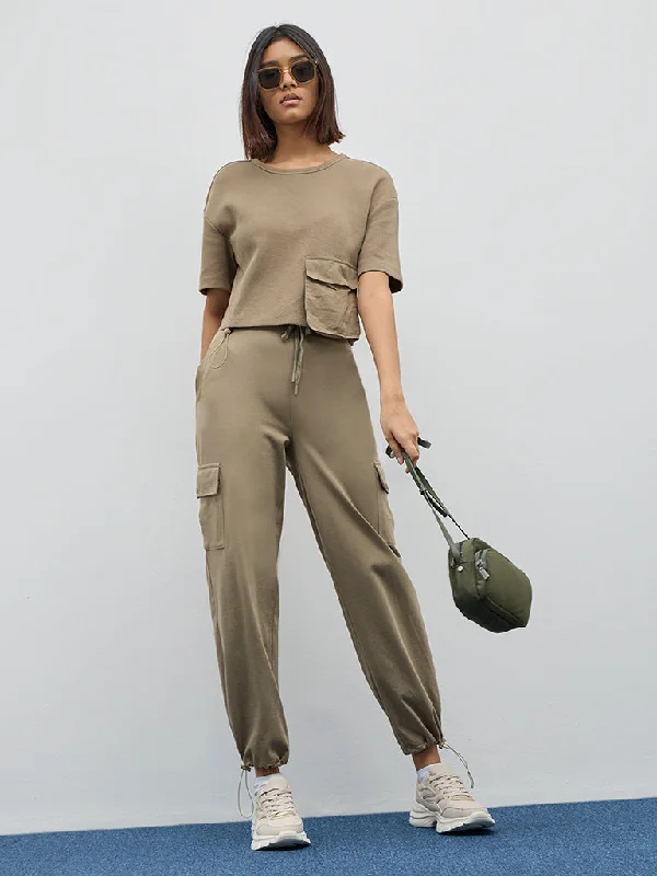 Studiofit Light Olive Cargo-Style High-Rise Cotton Joggers