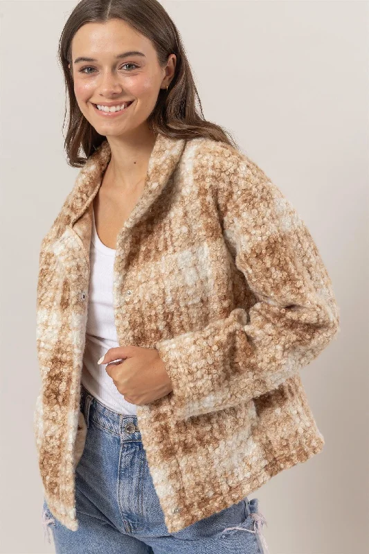 Versatile Comfort Wear HYFVE Plaid Collared Neck Boucle Jacket with Pockets