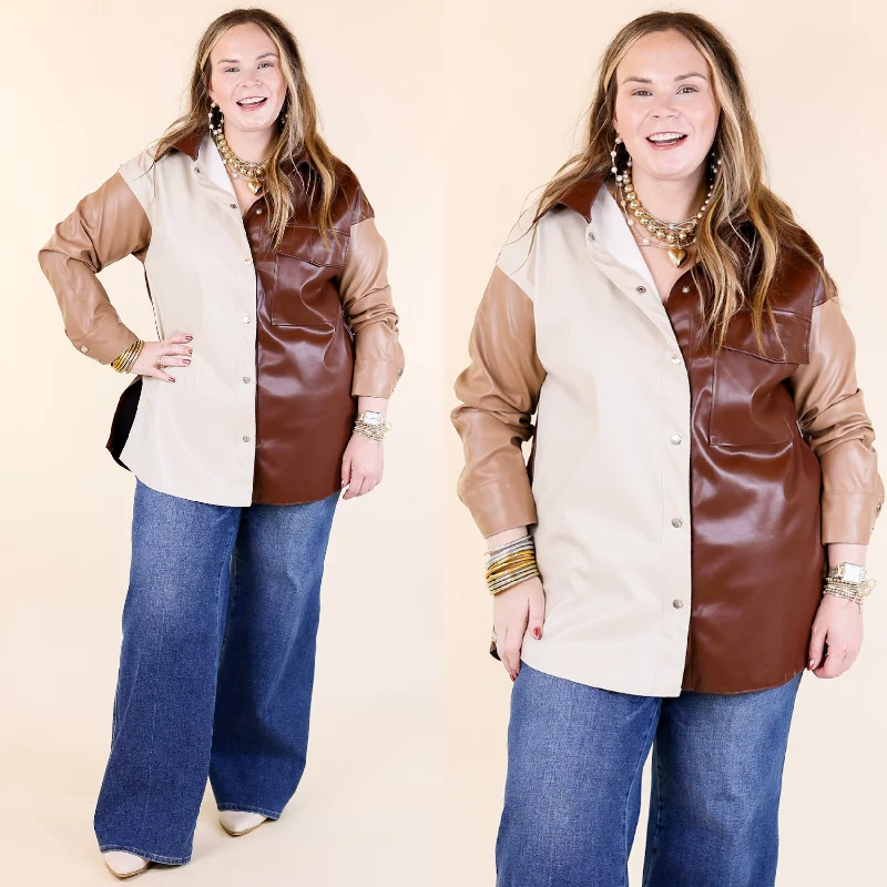 Editorial Design Autumn Event Faux Leather Color Block Shacket in Brown Mix