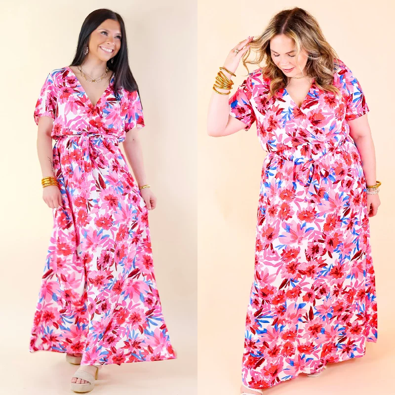 Soft Wear Delightful Dip Floral Maxi Dress with Waist Tie in Pink Mix