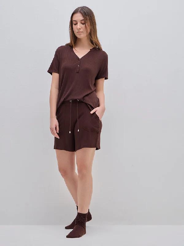 Weekend Comfort Wear Wunderlove Brown Ribbed High-Rise Cotton Blend Shorts