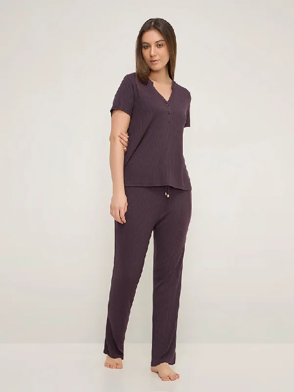 Lively And Youthful Wunderlove Purple Ribbed Modal High-Rise Lounge Pants