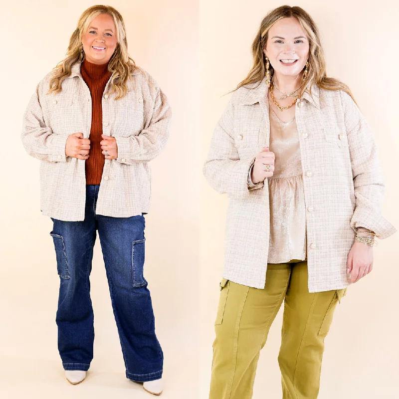 Carefree Style Brooklyn Buzz Pearl Button Up Tweed Shacket in Champagne Beige & Ivory
