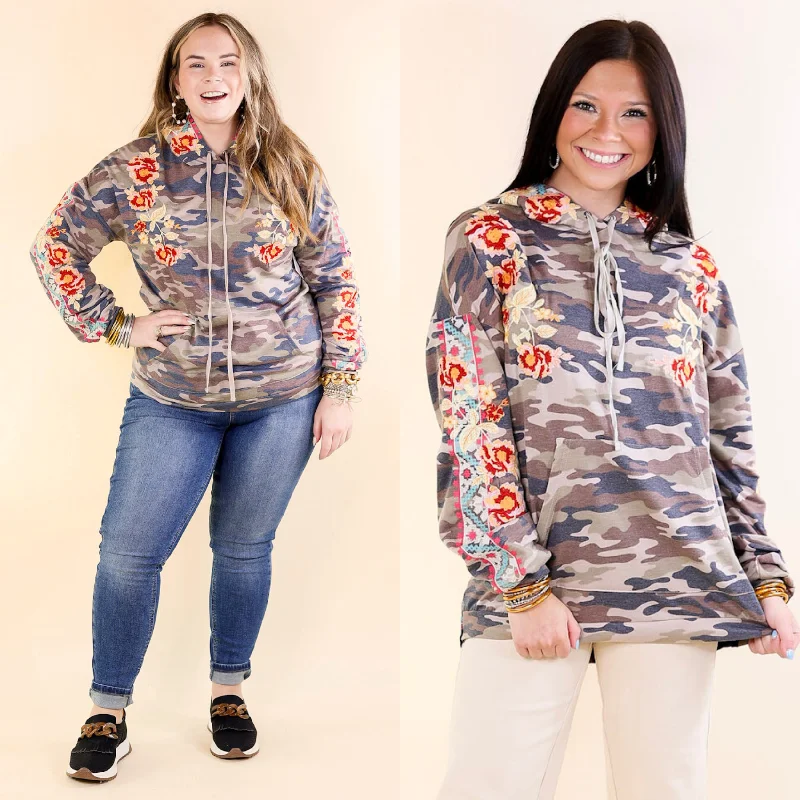 Grace and Bliss Embroidered Pullover Hoodie with Black Velvet Back in Camouflage