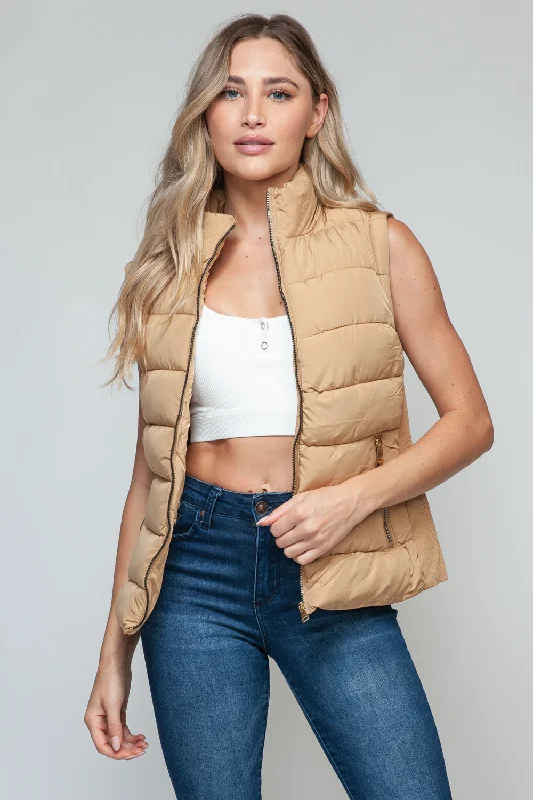 Single-shoulder Neck Design Snobbish Zip Up Turtleneck Vest with Pockets