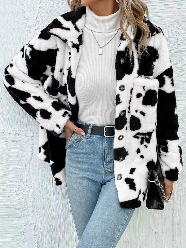 Floral Prints Cow Print Collared Neck Button Up Fuzzy Jacket