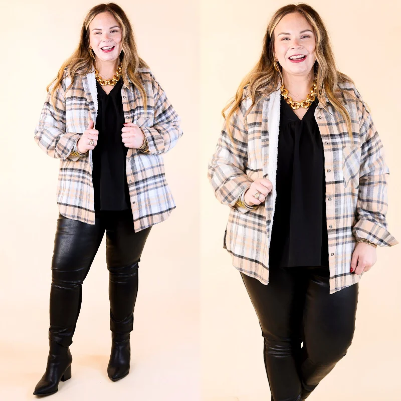 French Style Soft and Dreamy Fur Lined Plaid Flannel Shacket in Black and Nude