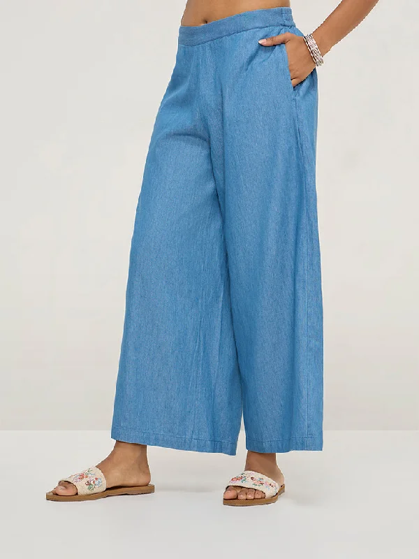 Versatile Casuals Utsa Blue Solid Denim Palazzos