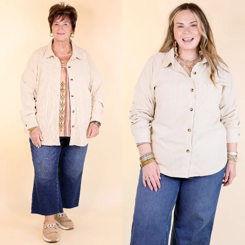 Energy Plan Captivating Cuteness Corduroy Button Up Shacket in Cream