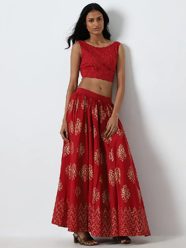 Utsa Red Badla Printed Crop Blouse