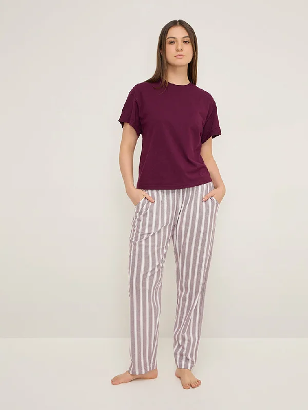 Sports And Leisure Wunderlove Dark Purple Stripe High-Rise Cotton Lounge Pants