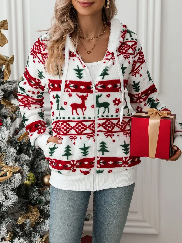 Fashionable And Fashionable Drawstring Christmas Element Zip Up Hooded Jacket