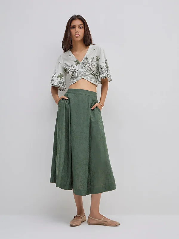 Knowledge And Elegance Bombay Paisley Olive Embroidered High-Rise Cotton Skirt