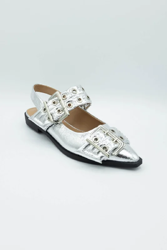 Soda Grillo Buckle Sling Flats for Women in Silver  | GRILLO-S SILVER