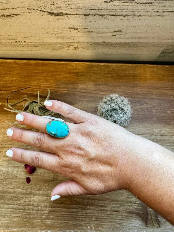 Ethnic Style Oval Ring- adjustable- Kingman turquoise ring and sterling silver
