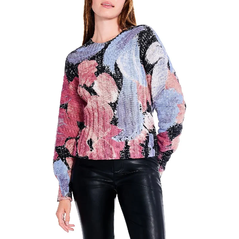 Autumn Bloom Womens Printed Ribbed Pullover Sweater