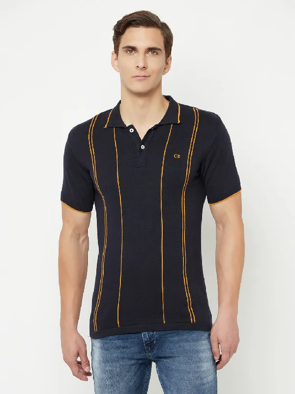 Men's Navy Blue Vertical Stripe Polo neck Half Sleeve Flatknit T-Shirt