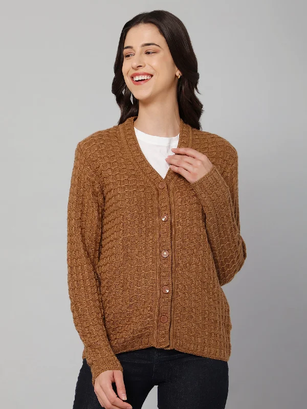 Women's Casual  Brown V neck Cardigan Sweater