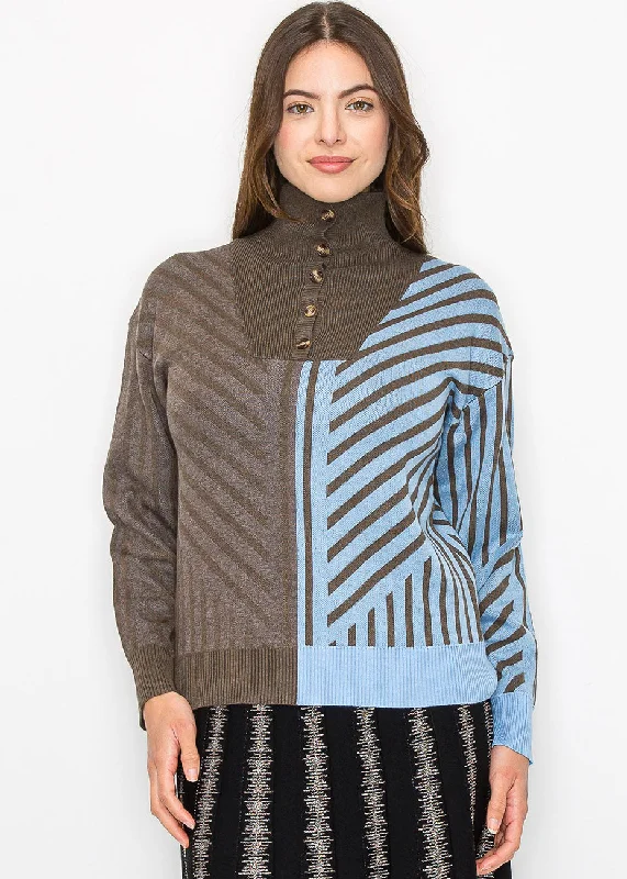 Geometric Color-Block Turtleneck Sweater