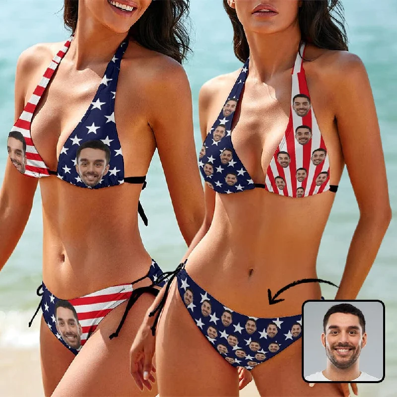 Modern City Custom Face American Flag Deep V Neck Bikini Set Halter Tie Side Low Waisted Triangle Bikini Personalized Bathing Suit Modern City Custom Face American Flag Deep V Neck Bikini Set Halter Tie Side Low Waisted Triangle Bikini Personalized Bathing Suit