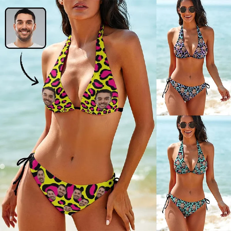 Dessert Matching Custom Face Leopard Deep V Neck Bikini Set Halter Tie Side Low Waisted Triangle Bikini Personalized Bathing Suit Dessert Matching Custom Face Leopard Deep V Neck Bikini Set Halter Tie Side Low Waisted Triangle Bikini Personalized Bathing Suit