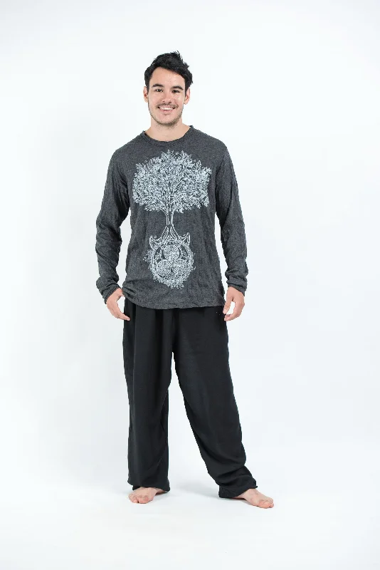 Unisex Celtic Tree Long Sleeve T-Shirt in Silver on Black