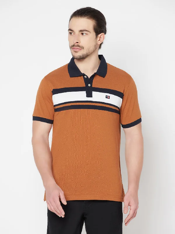 Men's Light Brown Stripe Polo neck Half Sleeve T-Shirt