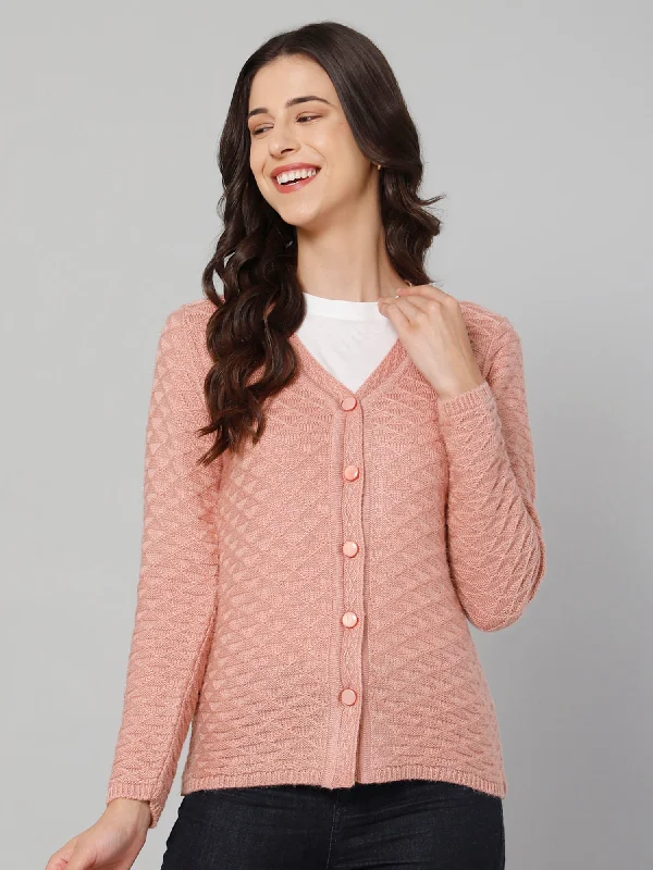 Women's Casual  Pink V neck Cardigan Sweater