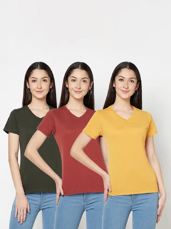 Women's Casual Regular Short Sleeve Rust,Olive,Mustard V neck  T-Shirts