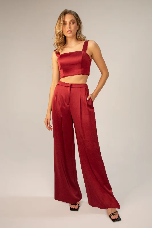 Eye-catching Personality Lavender Brown Pleated Wide Leg Pant in Burgundy