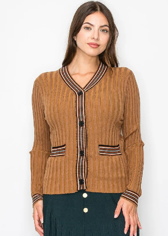 Ribbed Camel Cardigan with Striped Details