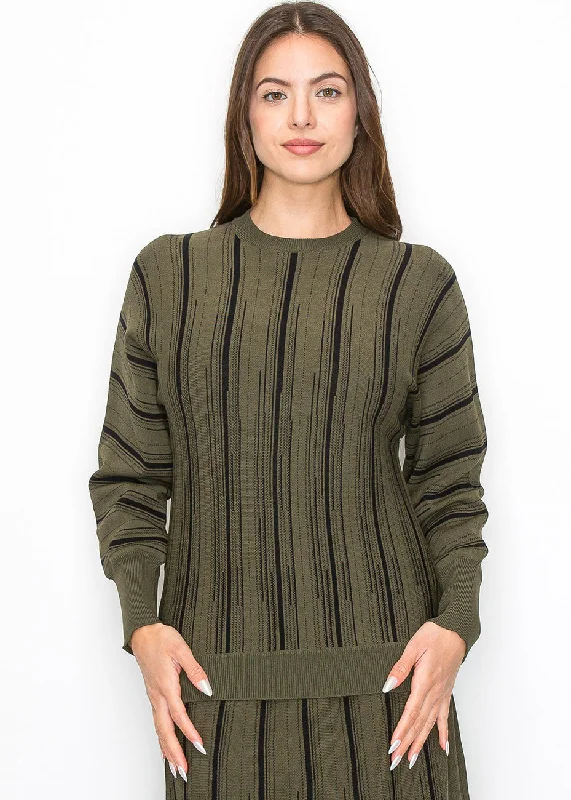 Olive Knit Sweater with Vertical Stripes