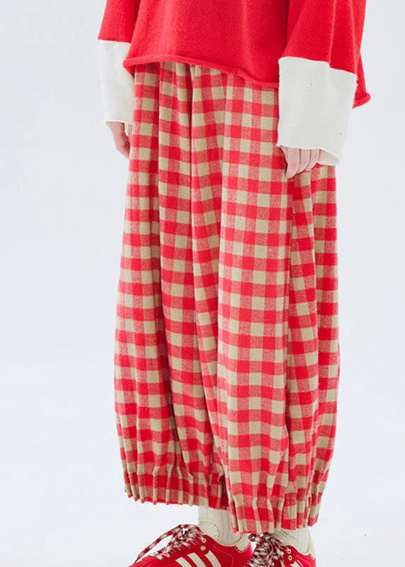 Loose Red Plaid Patchwork Pockets Elastic Waist Lantern Crop Pants Fall